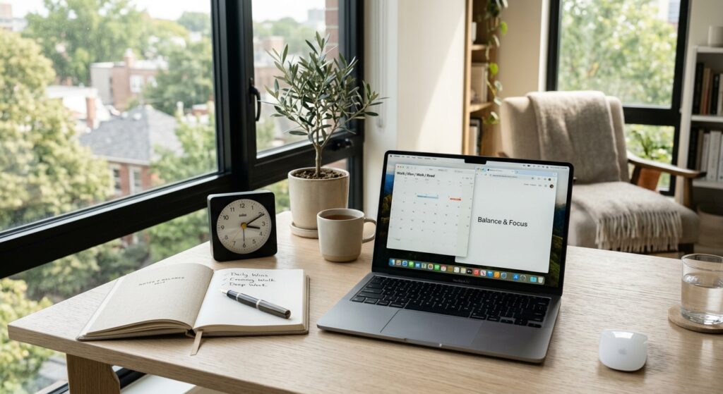 A professional, high-quality editorial photograph of a modern, minimalist workspace featuring a lapt