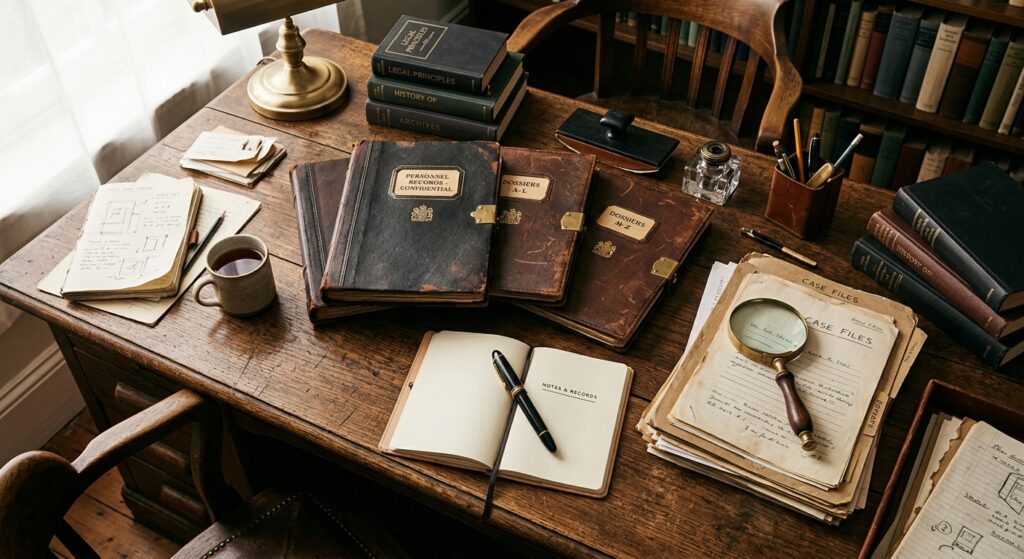 A professional, high-angle editorial photograph of an organized but cluttered wooden office desk fea