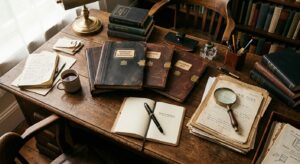 A professional, high-angle editorial photograph of an organized but cluttered wooden office desk fea