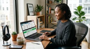 A high-quality, professional editorial photograph of a modern, organized workspace with a laptop scr