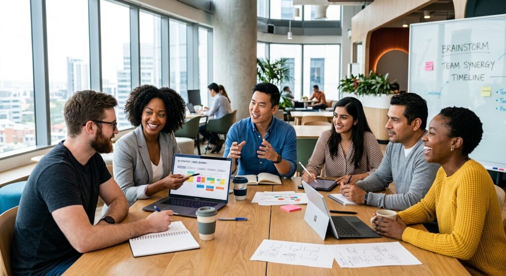 A high-quality, professional editorial shot of a diverse group of modern professionals collaborating