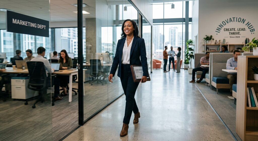 A professional, high-quality editorial shot of a confident person transitioning between two modern o