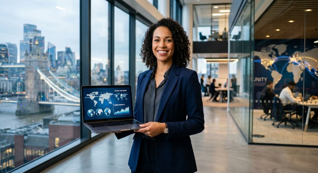 A professional, high-quality editorial shot of a confident person in business attire holding a open