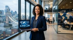 A professional, high-quality editorial shot of a confident person in business attire holding a open