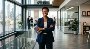 A professional, high-end editorial shot of a confident business leader standing in a modern, light-f