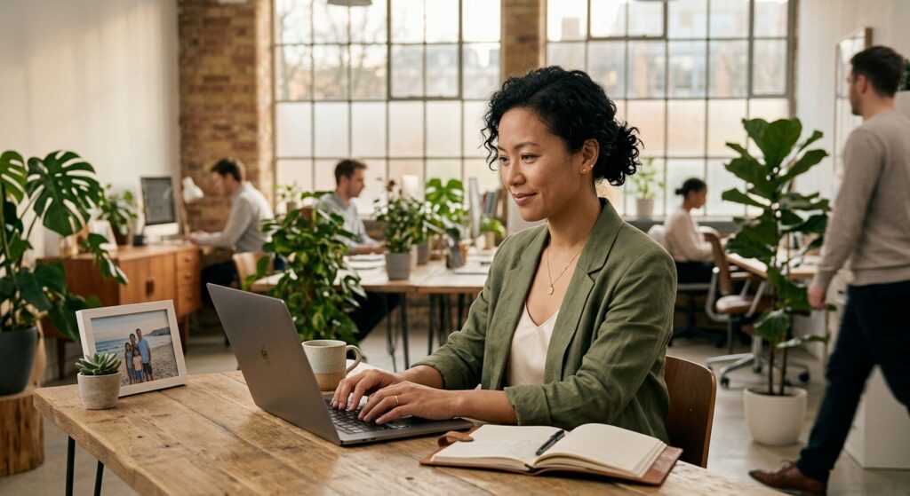 A professional, high-quality editorial photograph of a calm, composed person working in a modern, we