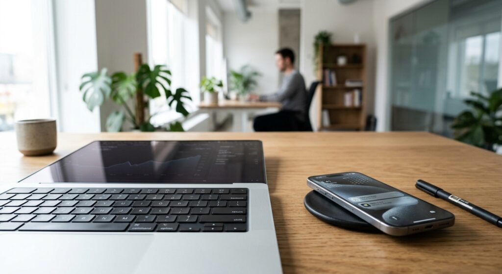 A professional, minimalist editorial composition featuring a clean laptop keyboard, a smartphone, an