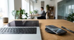 A professional, minimalist editorial composition featuring a clean laptop keyboard, a smartphone, an