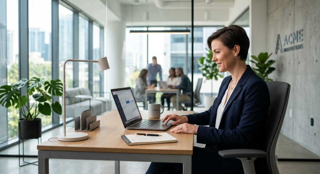 A professional, clean editorial photograph of a confident expert sitting at a modern desk with a sty