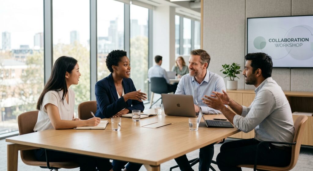 A professional, minimalist editorial composition featuring a diverse group of people sitting at a sl