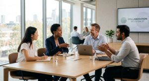 A professional, minimalist editorial composition featuring a diverse group of people sitting at a sl