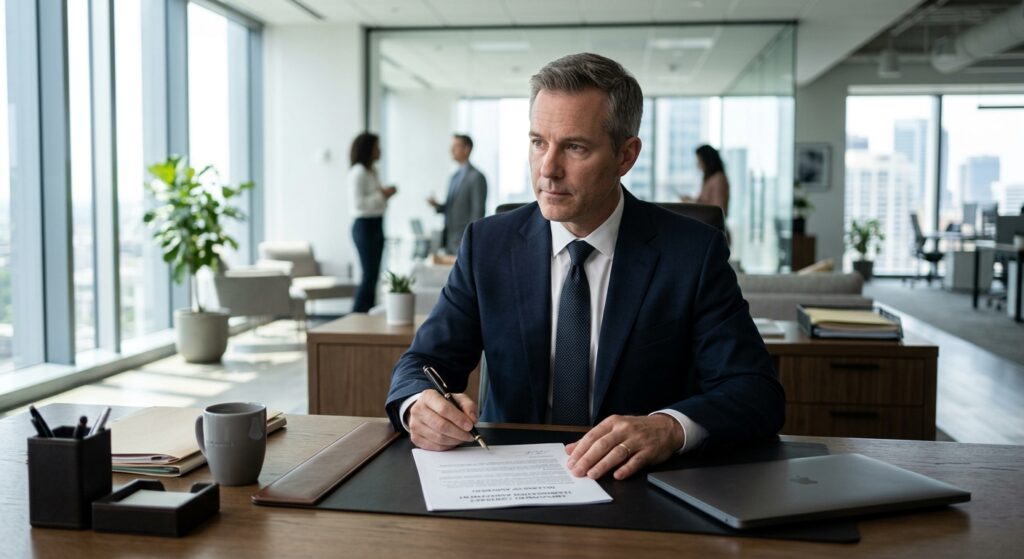 A professional, high-quality editorial photograph of a business person sitting at a desk with a docu
