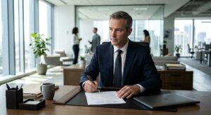 A professional, high-quality editorial photograph of a business person sitting at a desk with a docu
