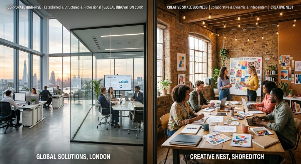 A professional, split-screen conceptual image showcasing a modern, sleek corporate high-rise office