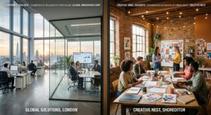 A professional, split-screen conceptual image showcasing a modern, sleek corporate high-rise office