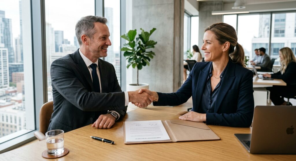 A professional, high-quality editorial photograph of two business people shaking hands over a wooden