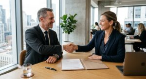 A professional, high-quality editorial photograph of two business people shaking hands over a wooden
