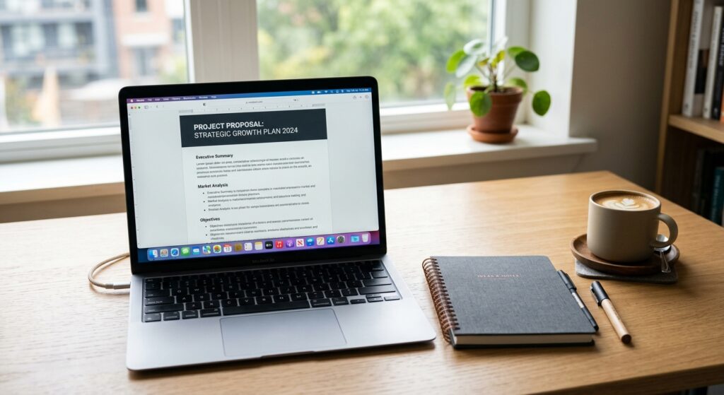 A clean, professional workspace featuring a minimalist laptop screen displaying a polished document