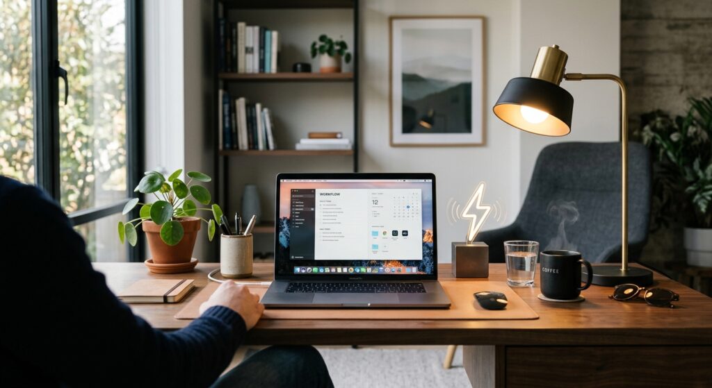 A professional, high-quality editorial photograph of a modern home office workspace featuring a lapt