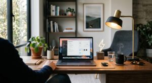 A professional, high-quality editorial photograph of a modern home office workspace featuring a lapt