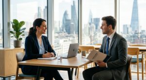 A professional, high-quality editorial shot of a candidate and a recruiter sitting across from each