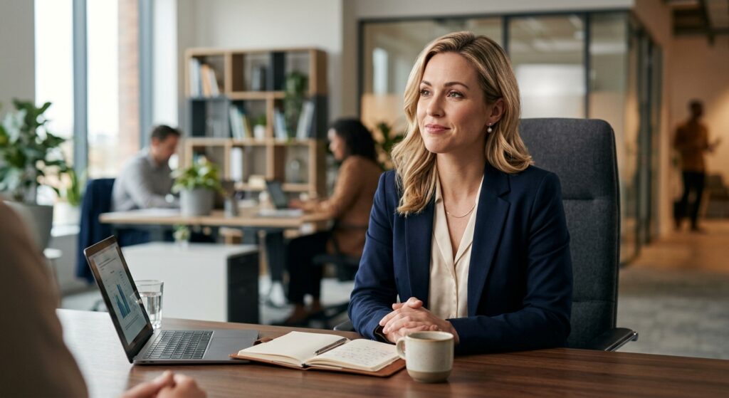 A professional studio shot of a confident job candidate sitting at a modern desk during an interview