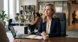 A professional studio shot of a confident job candidate sitting at a modern desk during an interview