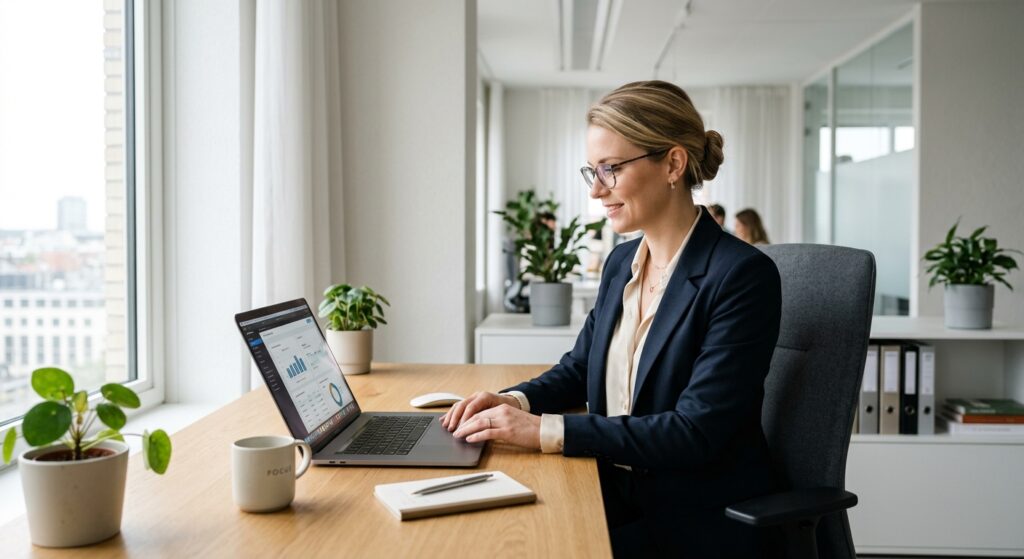 A professional, high-quality editorial shot of a person working on a modern laptop in a bright, mini