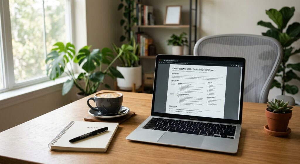 A clean, professional workspace featuring a modern laptop displaying a polished resume, soft cinemat
