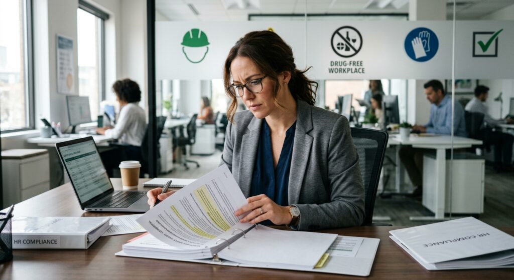 A professional, editorial-style photograph focusing on a concerned HR manager reviewing safety docum