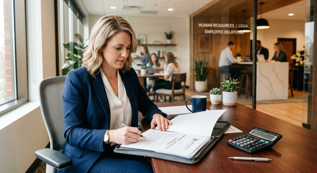 A professional, high-quality editorial photograph of a business person sitting at a desk with a slee