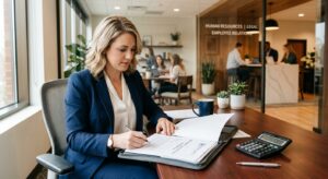 A professional, high-quality editorial photograph of a business person sitting at a desk with a slee