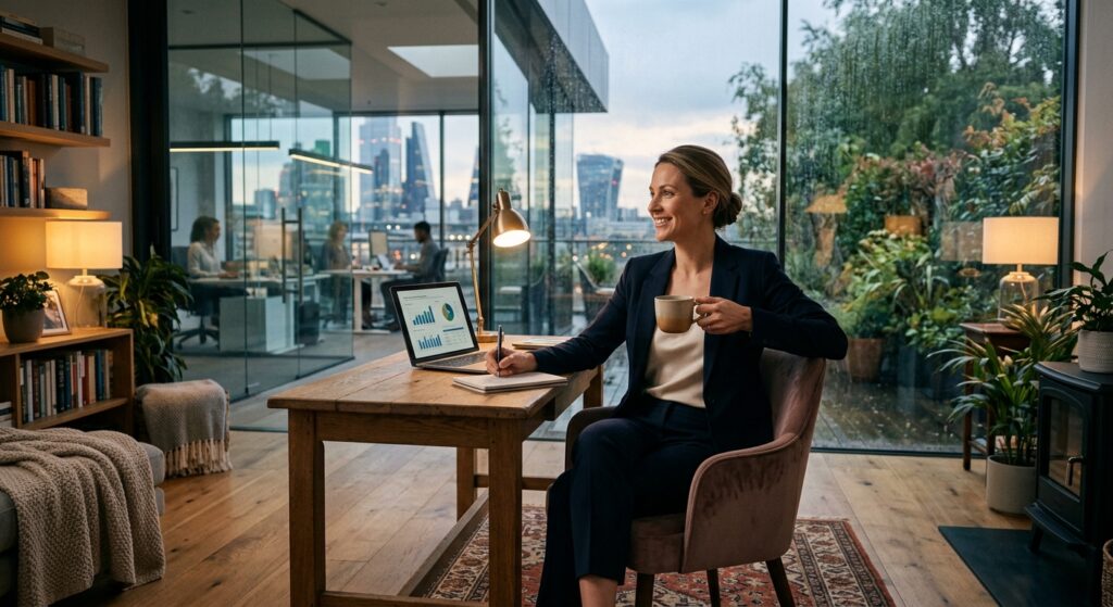 A professional editorial photograph of a business person finding a harmonious balance between a slee