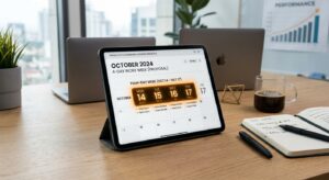 A professional, minimalist editorial composition featuring a glowing digital calendar highlight of a