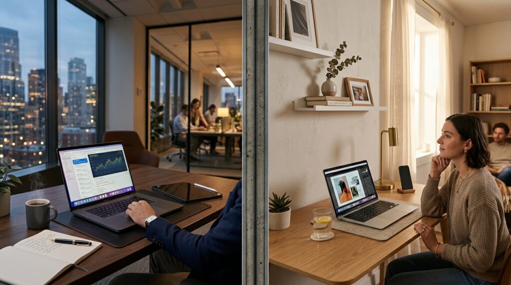 A split-screen editorial composition showing a professional office desk with a laptop on the left an