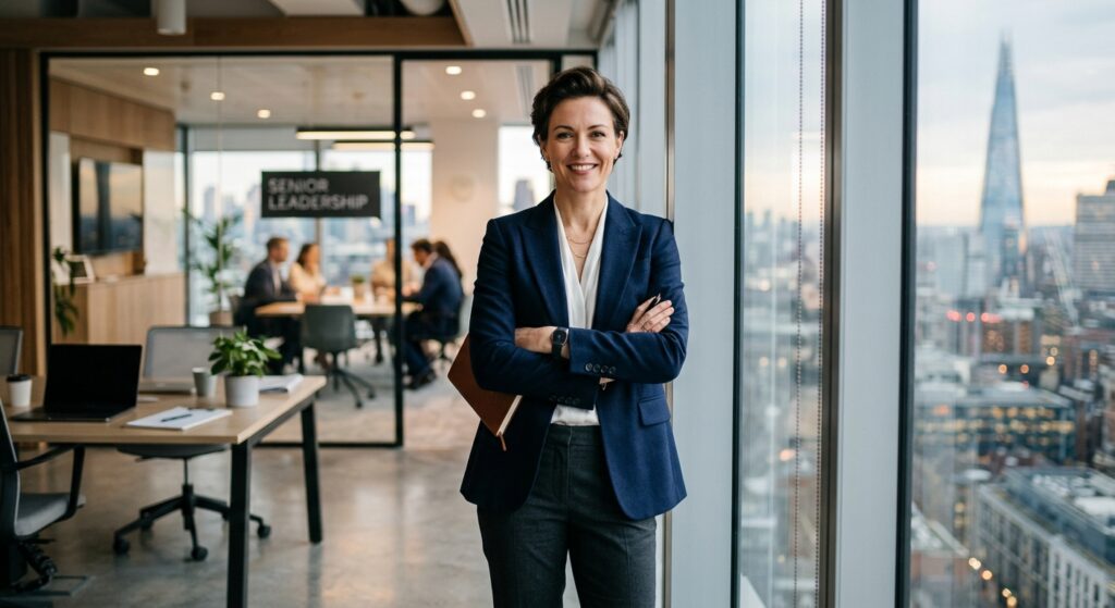 A professional, high-quality editorial photograph of a confident business leader standing in a moder