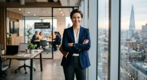 A professional, high-quality editorial photograph of a confident business leader standing in a moder