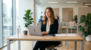 A professional, high-quality editorial shot of a young, confident candidate sitting at a modern desk