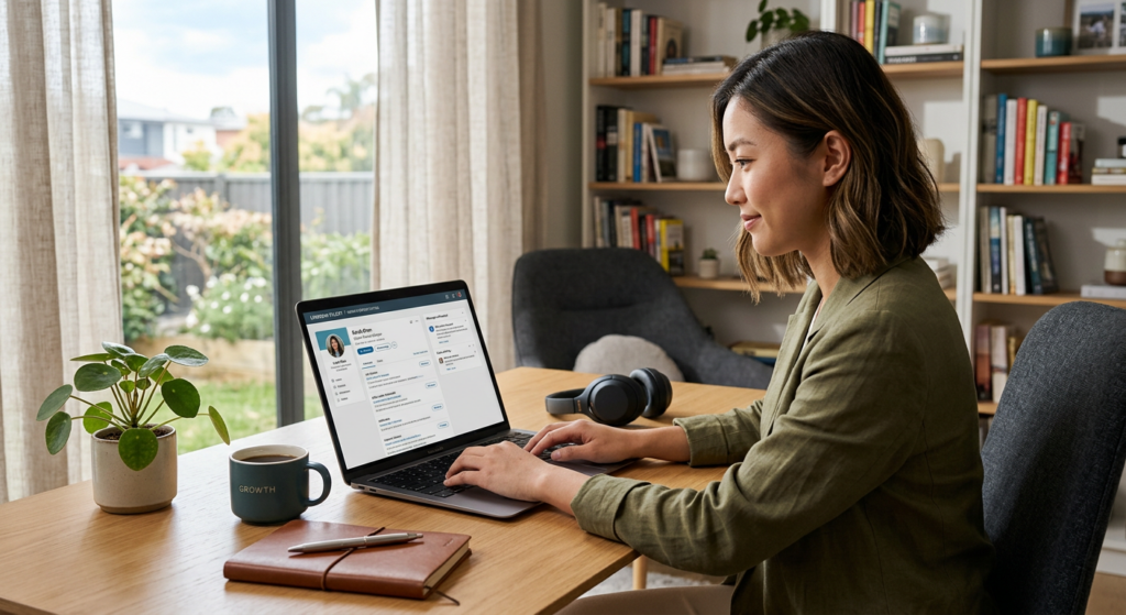 A professional, editorial-style photograph of a modern workspace with a laptop open on a clean desk,