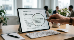 A professional, high-quality editorial shot of a modern office document or tablet displaying an attr