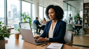 A professional, cinematic shot of a confident individual using a sleek laptop in a modern, bright of
