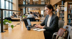 A professional, high-quality editorial shot of a focused student working on a laptop at a modern lib