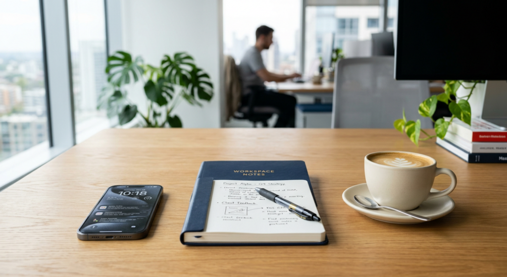 A professional, modern workspace with a smartphone, a polished notepad, and a cup of coffee on a cle