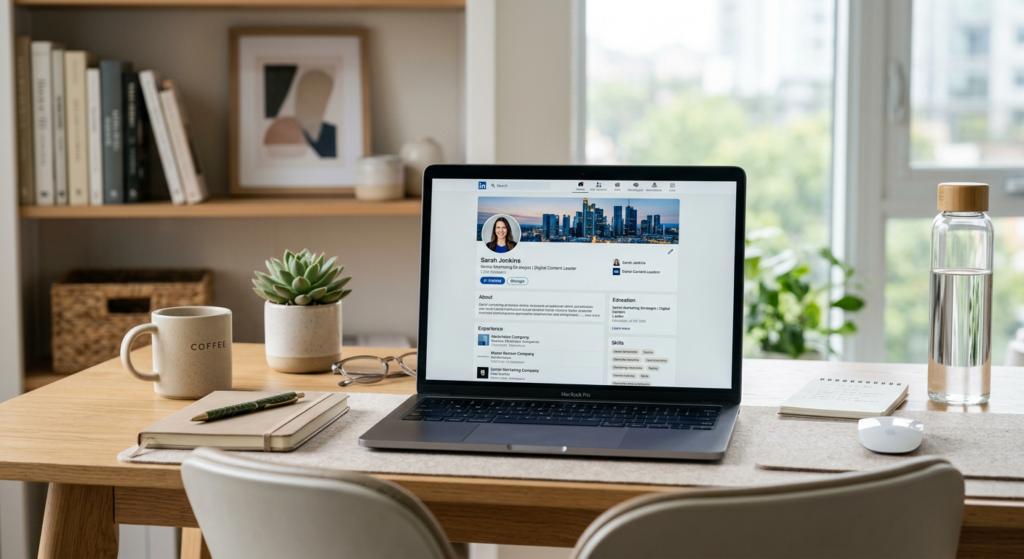 A professional, high-quality editorial shot of a workspace featuring a clean laptop screen showing a