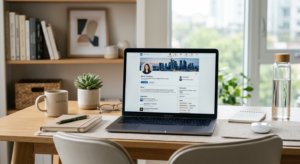 A professional, high-quality editorial shot of a workspace featuring a clean laptop screen showing a