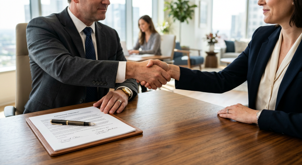 A professional close-up of two business people shaking hands across a polished wooden desk, with a c