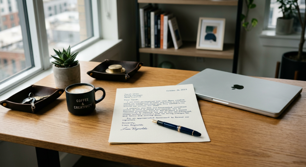 A professional, high-quality editorial shot of a workspace featuring a clean laptop, a personalized