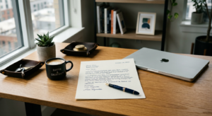 A professional, high-quality editorial shot of a workspace featuring a clean laptop, a personalized