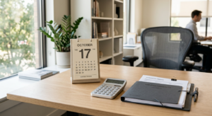 A professional, minimalist editorial composition featuring a clean desk with a stylized calendar, a