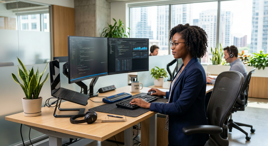 A professional and minimalist office scene featuring a diverse desk setup with accessibility tools,
